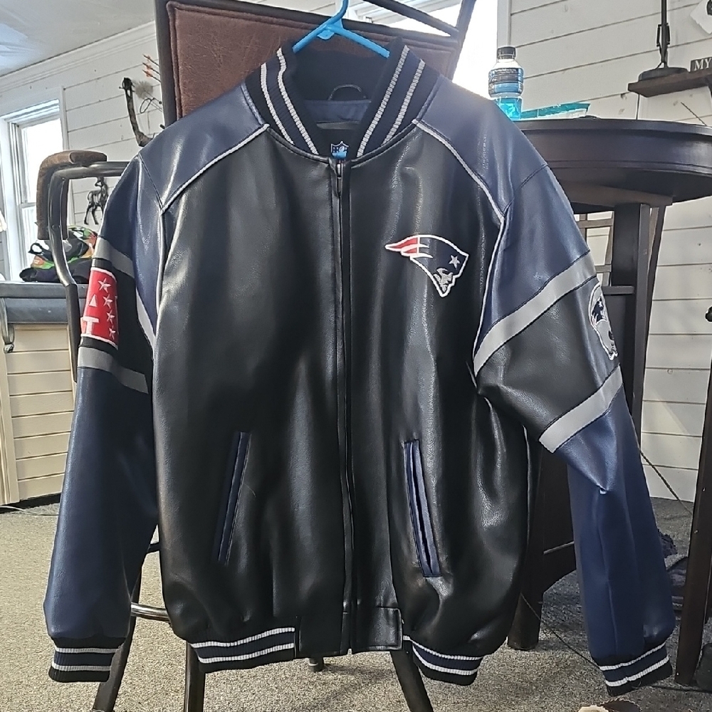 NFL Black and Blue Varsity Bomber Jacket with Patriots Logo